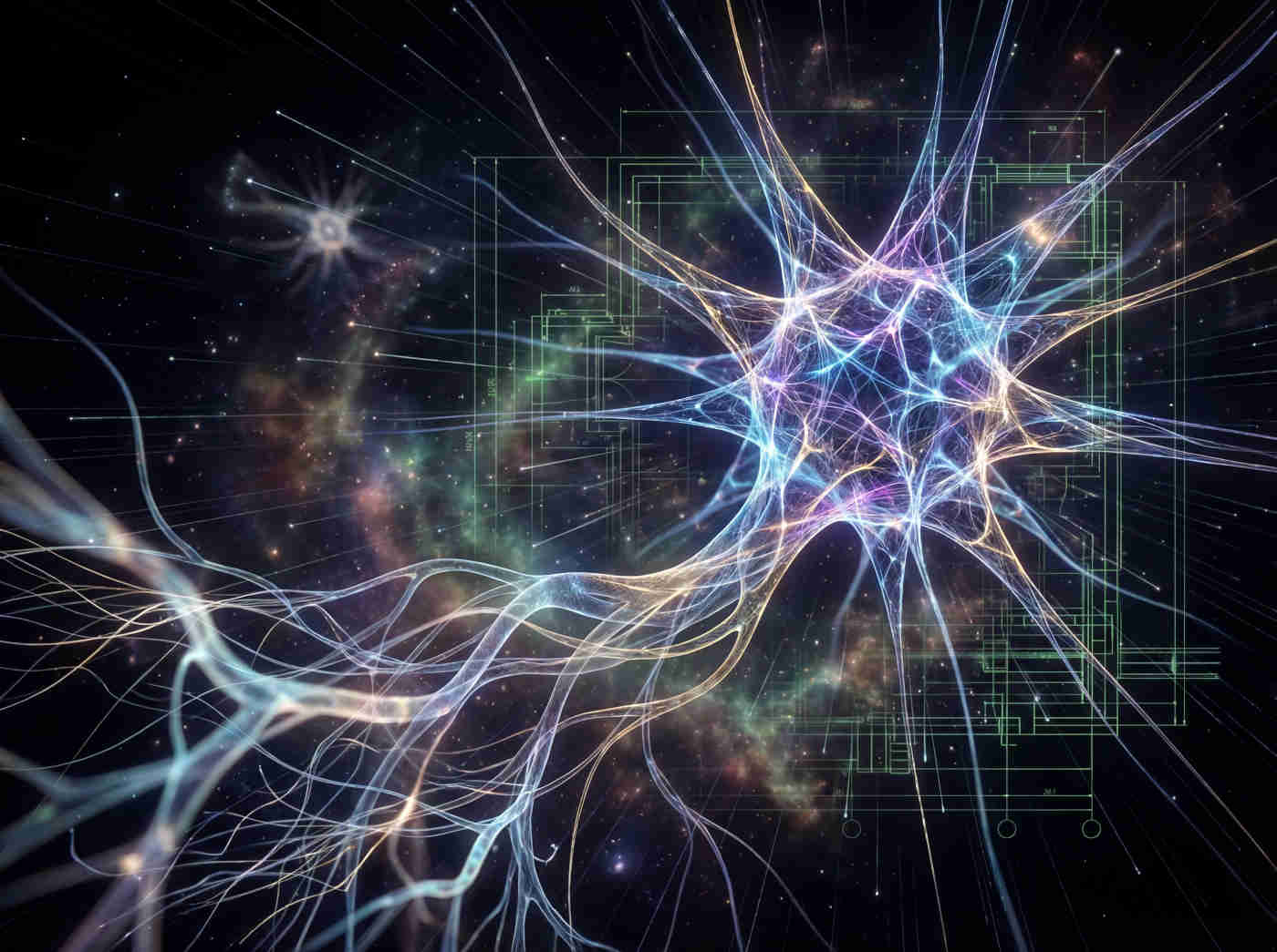 A glowing, intricate network node (like a neuron) made of fiber optics, connecting to a biological root system.